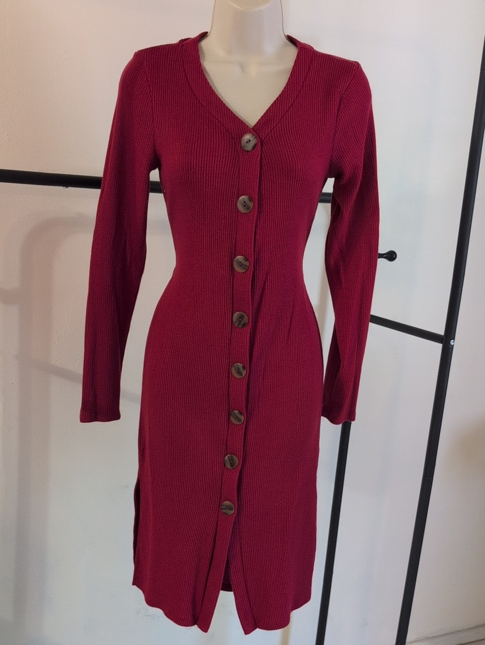 Fashion Nova Burgundy Ribbed Button-Front Midi Dress